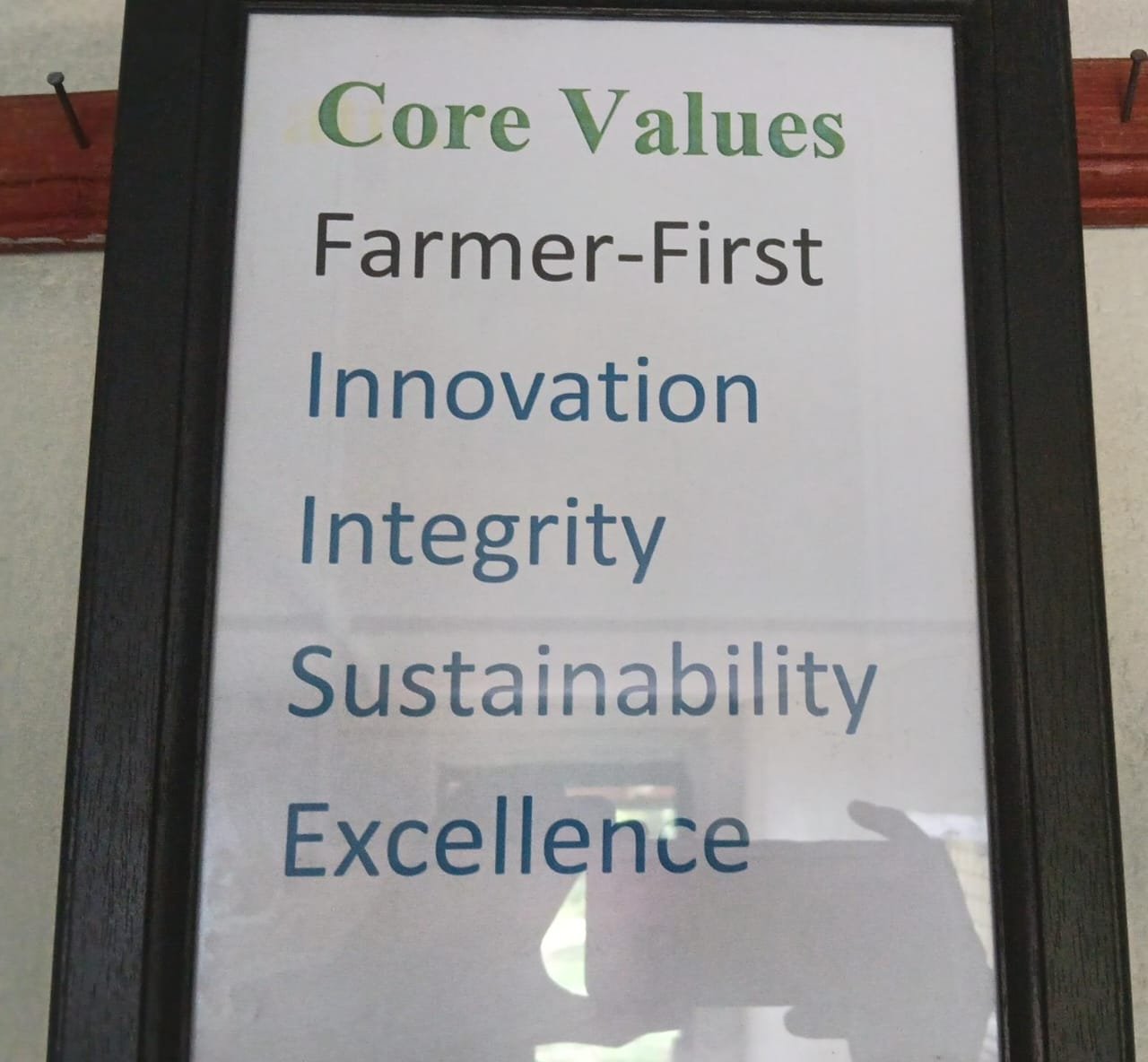 EMESA office display listing Farmer First, Innovation, Integrity, Sustainability, and Excellence as core values