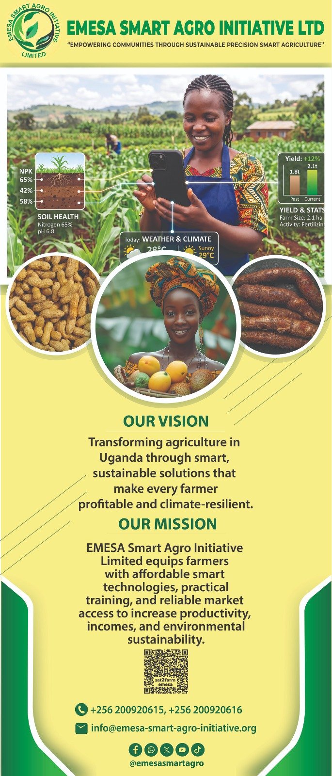 EMESA smart agriculture vision and mission banner with Sat2Farm QR access