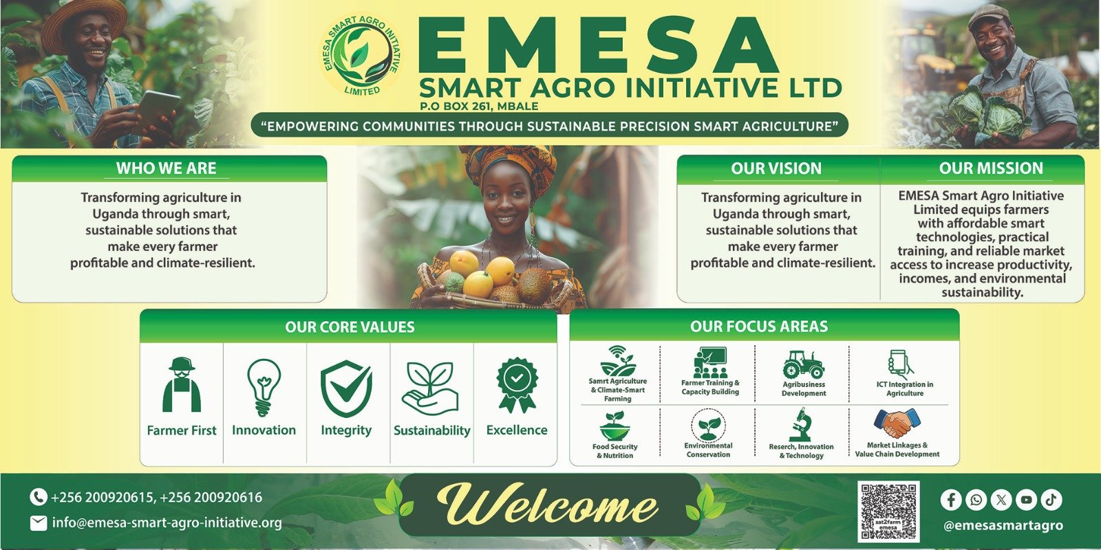 EMESA vision, mission, core values, focus areas, and Sat2Farm access information